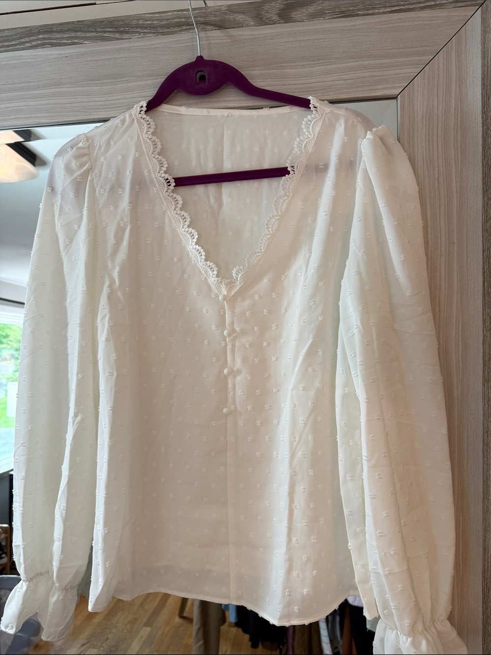 Women’s Cream Swiss Dot Lace-Trim V-Neck Blouse